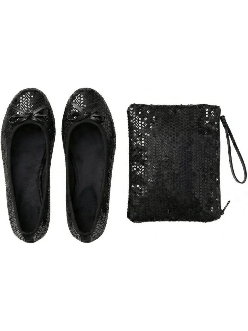 Women's Black Sequin Fit in Your Purse Round Toe Foldable Ballet Flat Shoes